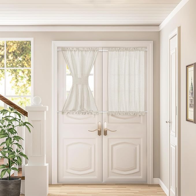2 Panels Natural Door Curtain Light Through Thick Sheer Semi Transparent Linen Drapes W35 x L40 for Bedroom Kitchen Room Tieback French Door Curtains Wrinkle Free