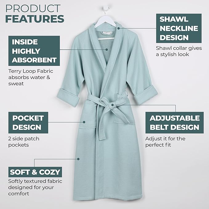 Superior Waffle Weave Cotton Unisex Bathrobe with Belt, Soft and Absorbent Robe for Men and Women Bath Essentials Robes