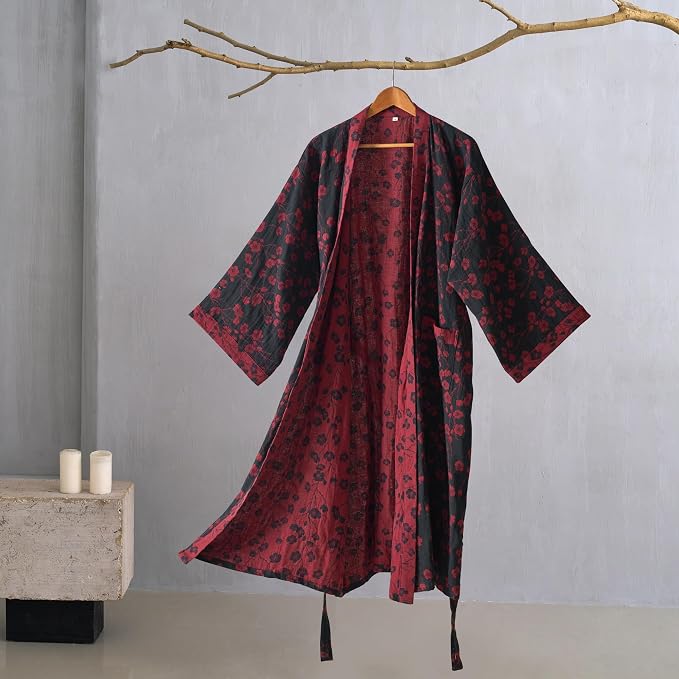 100% Cotton Gauze Ginkgo Leaf Kimono Robe, Long Knit Loose Bathrobe Nightgown Ladies Loungewear Sleepwear for Women