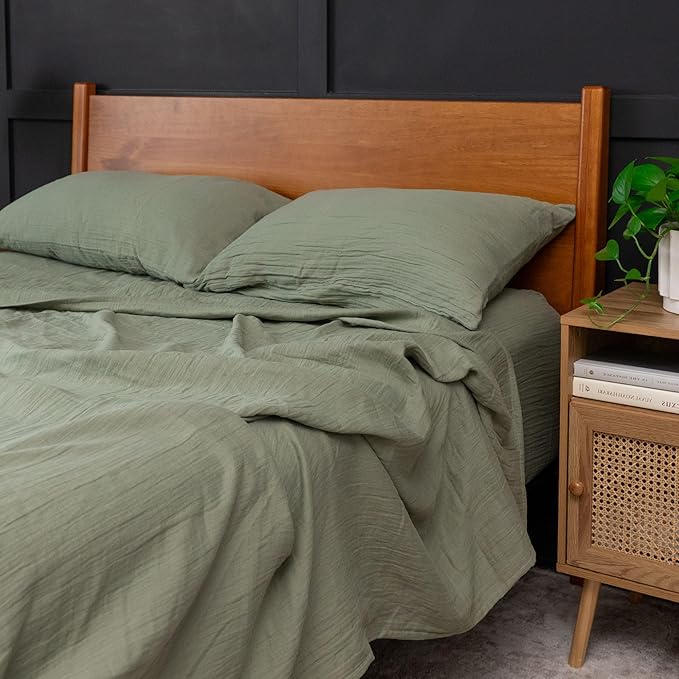 Zen Queen Sheet Set, Sage Green 100% Cotton Gauze 4-Pc. Sheet Set, Oeko-TEX Certified Queen Sheets, with Flat Sheet, Fitted Sheet and 2 Pillowcases, Earth Tone Bedding