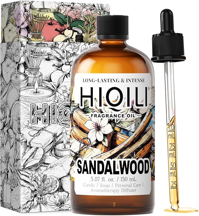 HIQILI Sandalwood Fragrance Oil, DIY Skin Care & Body Product - 5.07 Fl Oz | Long Lasting Luxury Hotel Scent for Home Diffuser, Perfect for Candle & Soap Making, Pet Safe, Graduated Dropper Included