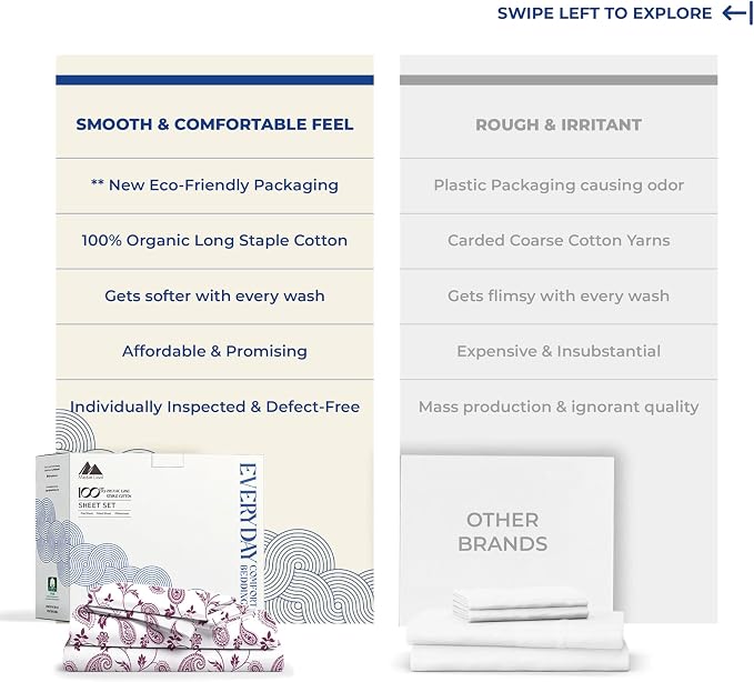 Mayfair Linen 100% Organic Cotton Printed Sheets California King Size - Percale Weave Cotton Cal King Size Sheet Set (4 PC, Paisley), Soft & Crisp, GOTS Certified, Cooling Sheets, 16" Deep Pocket