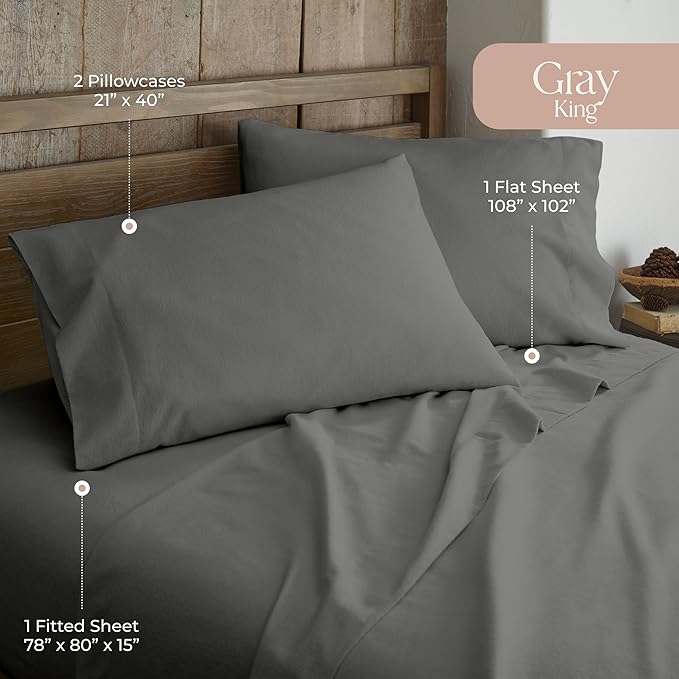 100% Organic Flannel Sheets King Size - GOTS Certified 100% Cotton Flannel Sheets Set with Comfortable Soft Brushed Finish & Deep Pocket - 1 Flat 1 Fitted & 2 Pillowcases (Dark Gray, King)