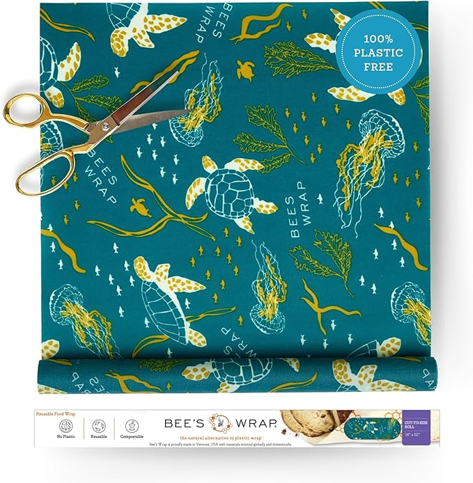 Bee's Wrap Beeswax Wraps for Food - Cut to Size 14x52" Beeswax Wrap Roll - Plastic Free Made in USA Reusable Natural Food Wrap - Ocean