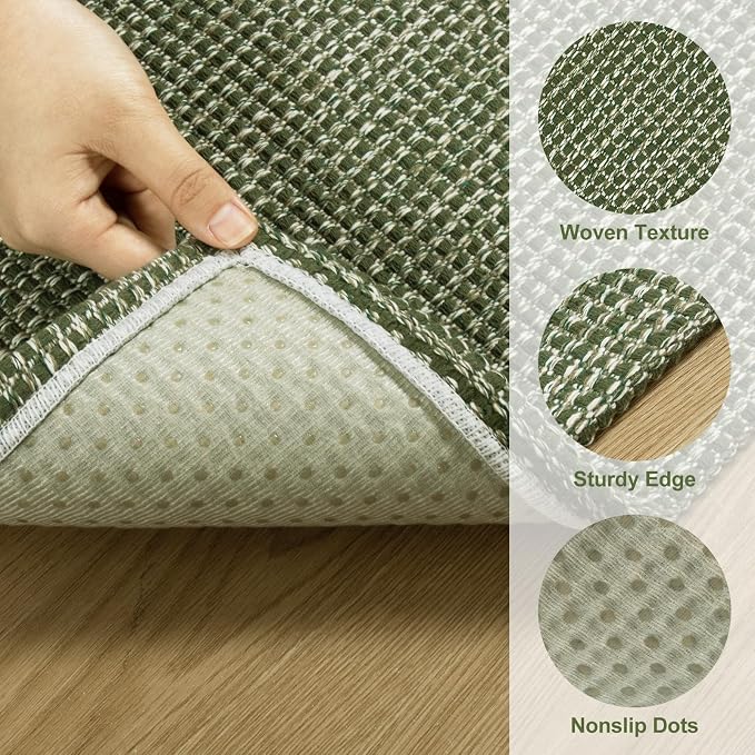 Uphome Kitchen Runner Rug, 2x6 Washable Boho Rug Runners for Hallways Non Slip, 6ft Low Pile Woven Cotton Modern Carpet Runners, Stain Resistant Bedroom Runner Rug for Hallway Entryway Entrance, Green
