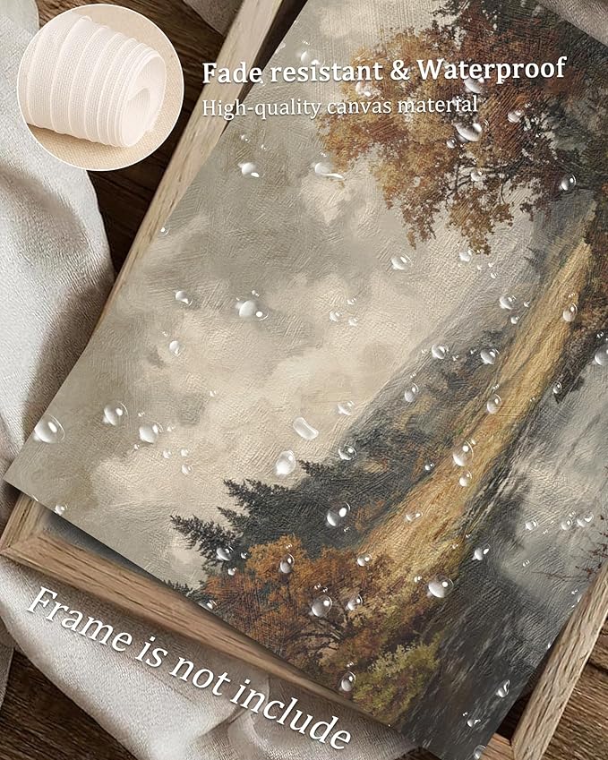 Vodefoad Autumn Landscape Retro Vintage Canvas Wall Art Vintage Landscape Wall Art, Farmhouse River Painting, Cottagecore Decor Fall Landscape Print Moody Autumn Print for Bedroom Bathroom Decor - 8x10Inch Unframe