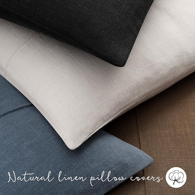 ZWJD Decorative Linen Throw Pillow Covers 20x20 Set of 2 Solid Handcrafted Striped Cushion Covers for Bed Soft Modern Farmhouse Neutral Pillowcase for Couch Bedroom Living Room Home Decor(Black)