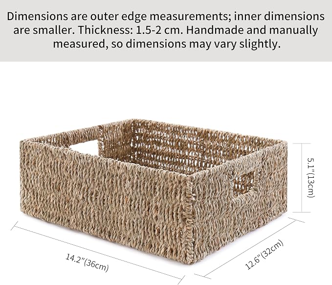 Handwoven Seagrass Storage Basket with Handles, Natural Woven Shelf Organizer Bin for Toys, Books, Closet and Home Storage (32cm/12.5'')