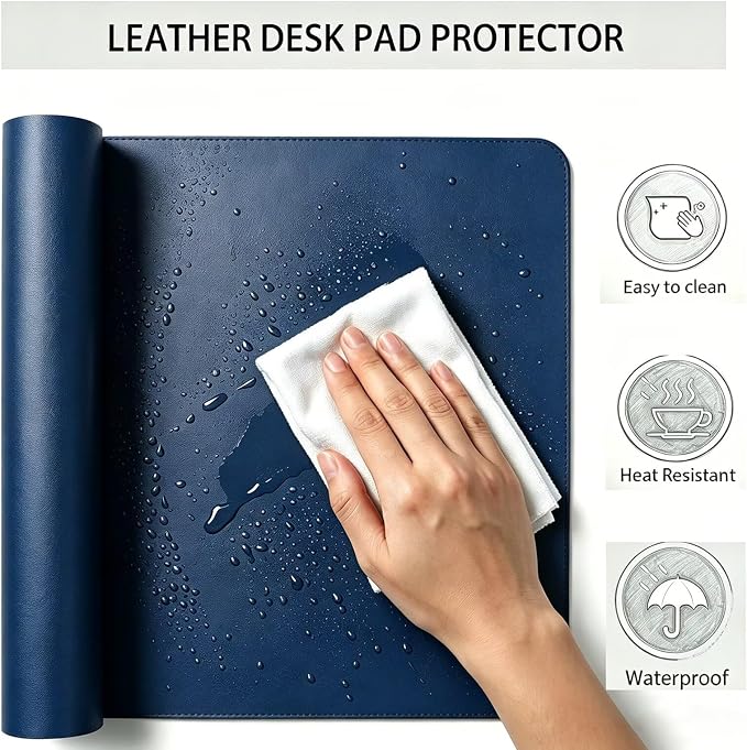Leather Desk Mat, Large Mouse Pad Scratch and Water Resistant, Easy to Clean, Desk Pad for Office and Home, 25.5” x 49” - Dark Blue