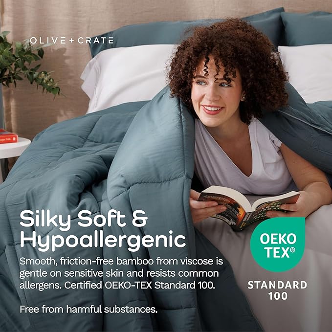 Olive + Crate Cooling Down Alternative Comforter - Hypoallergenic Queen Size Duvet Insert Lightweight - All Seasons Plush Design Bamboo Comforter - 100% Bamboo Viscose Outer Cover, Basalt Blue 88"x90"