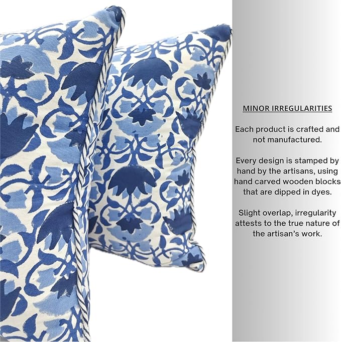 ATOSII Block Print Throw Pillow Covers, 20" X 20" - Set of 2, Decorative Couch Pillows for Living Room Bed Sofa, 100% Cotton Canvas Pillow Case for Home Decor & Outdoors, Preppy Throws - Positano Blue
