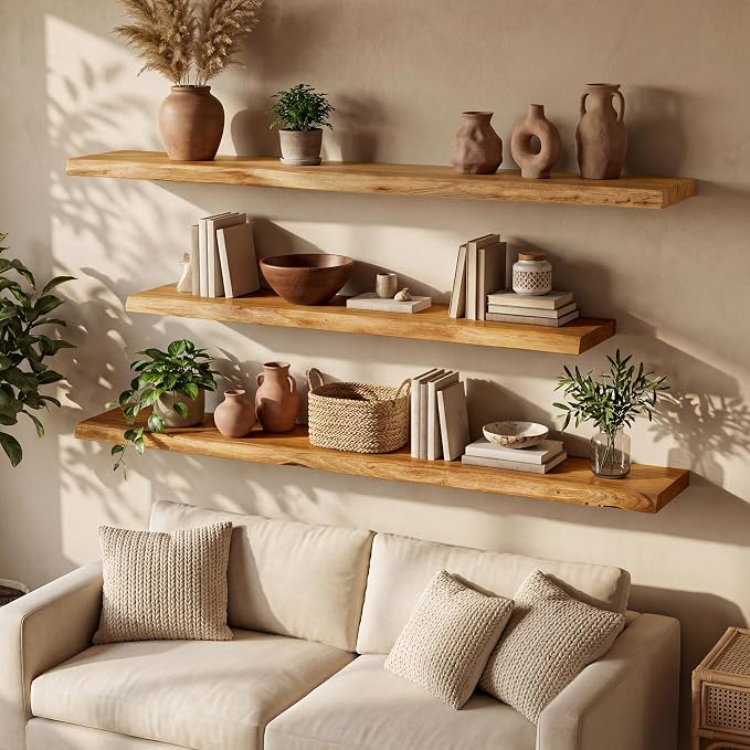 55" Live Edge Floating Shelf, Solid Elm Wood Wall Shelf | 1.4" Thick, 9.3" Deep, 50 lb Load Capacity, FSC Certified Solid Elm Display Shelf for Living Room, Bedroom, Kitchen & Office