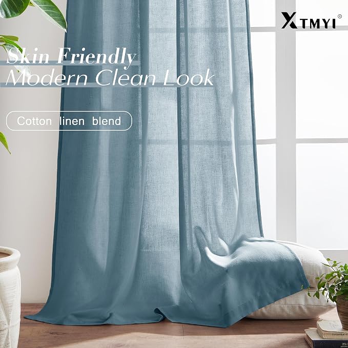 XTMYI Dusty Blue Curtains 96 Inches Long for Living Room,Light Filtering Country Vintage Hooks Pleated Back Tab Semi Sheer Linen Curtains for Bedroom 2 Panels Set,Stone Blue