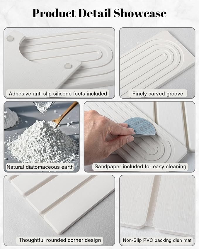 3PCS Set Large Stone Drying Mat for Kitchen Counter Foldable Collapsible Fast Drying Stone Dish Mat Water Absorbing Natural Diatomaceous Earth Bath Mat Quick Dry Stone Tray Bathroom Countertop, White