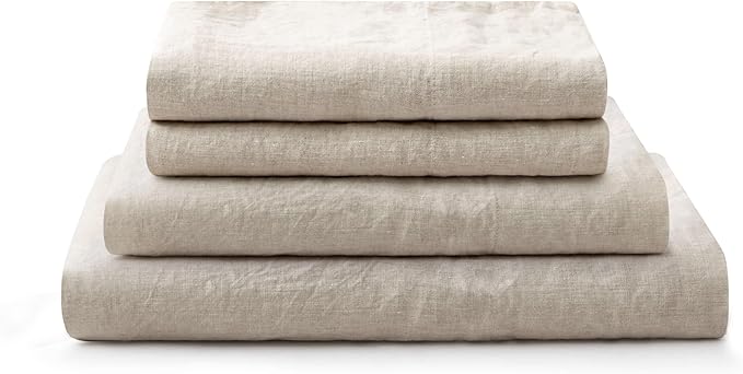 ATLINIA 100% Pure Flax Linen Bedding Set - Stone Washed French Linen Fabric Deep Pocket Fitted Sheet Farmhouse Flat Sheet 2 Pillowcases (Natural, California King)