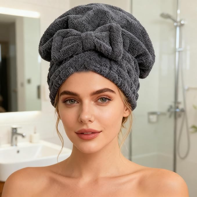 Microfiber Hair Drying Towels Head wrap 2-Pack with Bow-Knot Shower Cap Hair Turban hairWrap Bath Cap for Short or Curly Long & Wet Hair Gift for Women