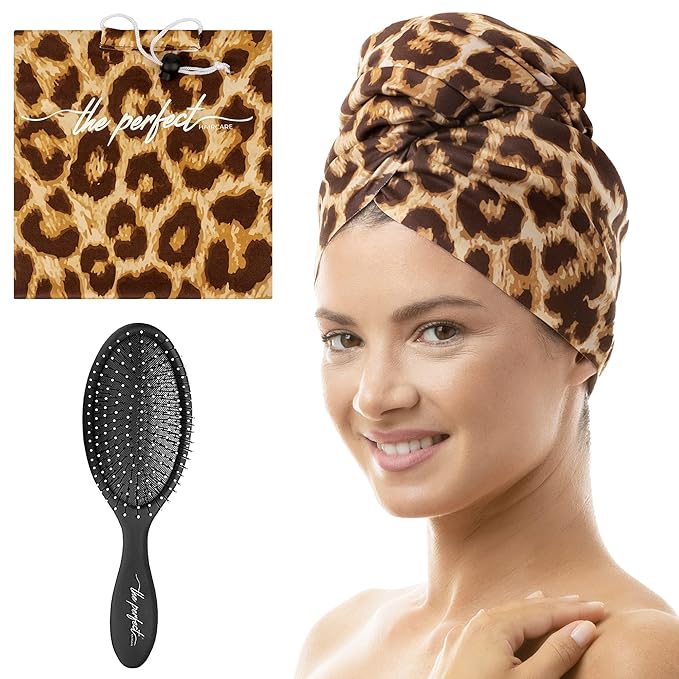 Microfiber Hair Towel Wrap with Wet & Dry Detangling Brush – Fast Drying Anti-Frizz Hair Drying Turban for Curly, Wavy and Straight Hair – Gentle Absorbent Hair Care for Women, Girls and Kids