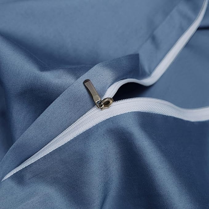 Slate Blue Cotton Duvet Cover Set Queen 100% Long-Staple Cotton Sateen Bedding Set, Soft Breathable Smooth Organic Pure Cotton Plain Comforter Cover, Luxury Minimalist Bedroom Decor for All Season