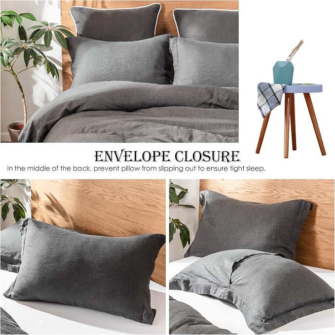 Simple&Opulence 100% Linen Duvet Cover Set 2pcs Basic Style Natural French Washed Flax Solid Color Soft Breathable Farmhouse Bedding with Button Closure - Dark Grey, Twin