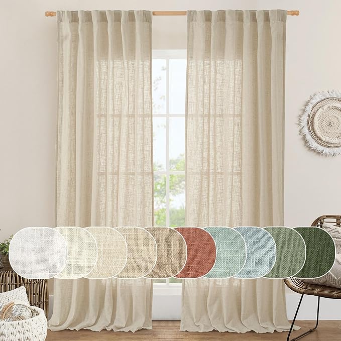LAMIT Light Filtering Linen Curtains 102 inches Long, Linen Textured Semi Sheer Back Tab and Rod Pocket Natural Boho Drapes for Living Room/Farmhouse, 2 Panels, Linen, 52 x 102 Inch