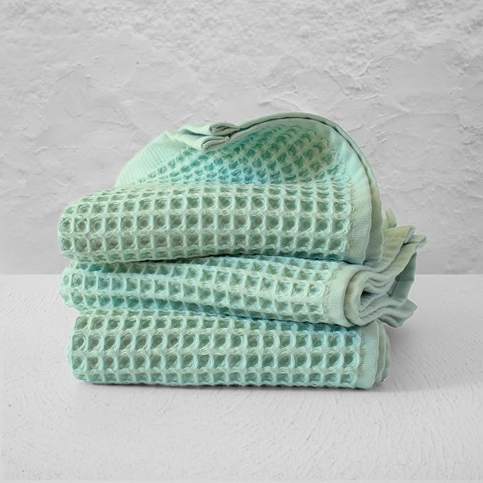 PÜSKÜL - Set of 3 Organic Waffle Hand Towel Ice Green - Premium Quality, 100% Turkish Cotton, Soft, Quick-Dry, Absorbent, Lint-Free Face Kitchen Hand Towels (Ice Green, Hand Towels - Pack of 3)