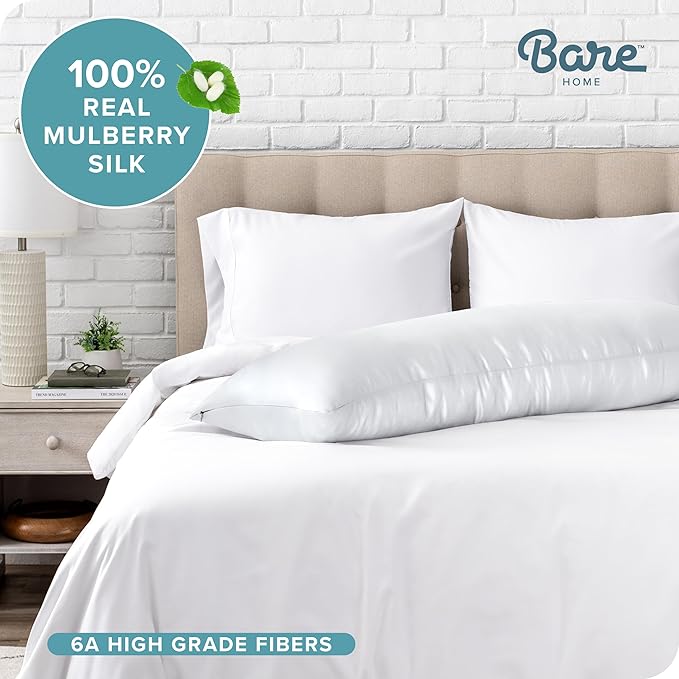 Bare Home 100% Mulberry Silk Pillowcase for Hair and Skin - Ultra Premium 6A Grade 19 Momme Silk Pillow Case - Hidden Zipper - Breathable Cooling Pillow Cover (Body, White)