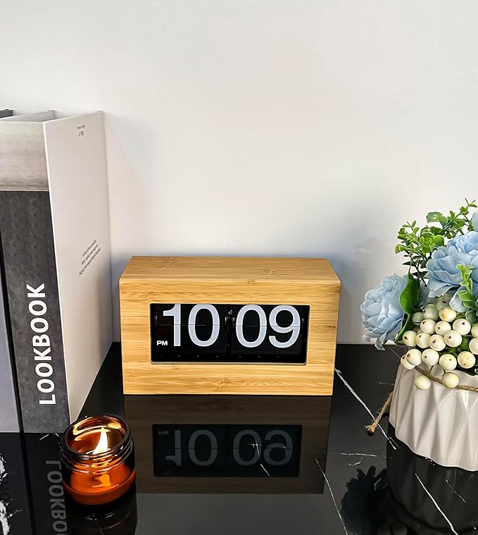 Bamboo Flip Clock,Retro Digital Flip Down Clock,Flip Desk Clock,Retro Vintage Design Auto Flip Clock Desk Clock Table Clock,Battery Operated Digital Display,Decorations(No battery included) (black)
