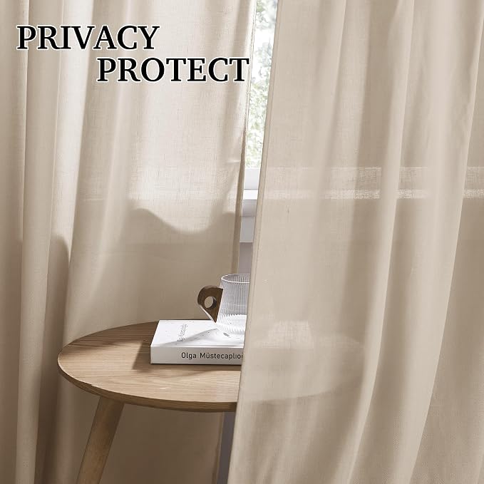RYB HOME Guaze Burlap Curtains 95 inches Long, Large Window Treatment Back Tab Thick Linen Texture Fabric Privacy Added Drapery for Sliding Glass Door, Taupe, W 52 x L 95 inches, 2 Panels Set