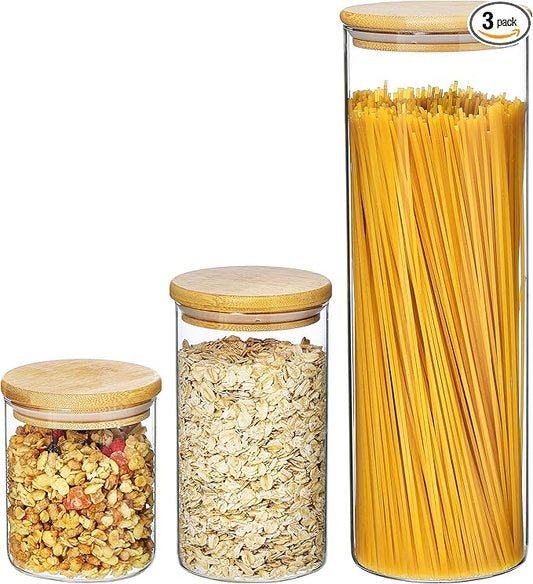 Vtopmart Glass Food Storage Jars, 3 Pack Kitchen Containers with Airtight Bamboo Wooden Lids for Pasta, Cookies, Nuts, Coffee Beans, Cereal, Canisters Set for Flour, Pantry Organization, BPA Free