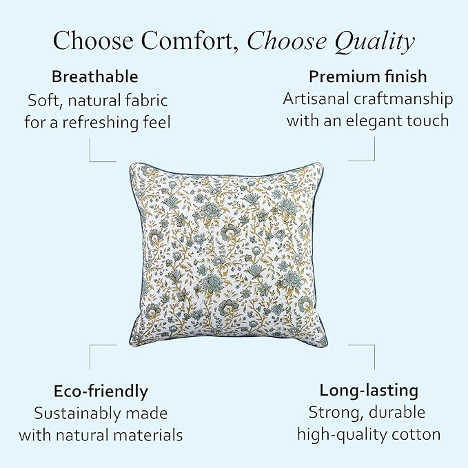 CPC Vintage Garden Blue Block Print Throw Cushion Cover 24 x 24 Inch Set 2 - Decorative Boho Floral Pillow Case for Living Room, Bed, Sofa, Couch, Home Decor Gift for Spring, Mother's Day