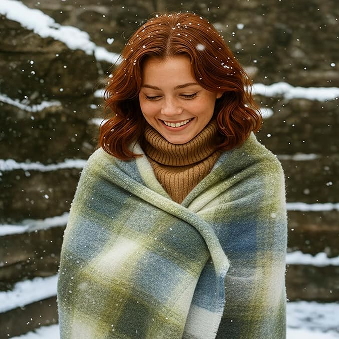 Biddy Murphy Ultra Soft Irish Mohair & Wool Throw Blanket, Made in Ireland, 54"x72", Cream/Pale Blue & Green/Grey Mix Block