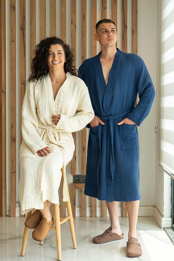 Muslin Unisex Bathrobe Women & Men, 100% Cotton Kimono Lightweight Robe | Long Robes Soft, Absorbent, Spa robes