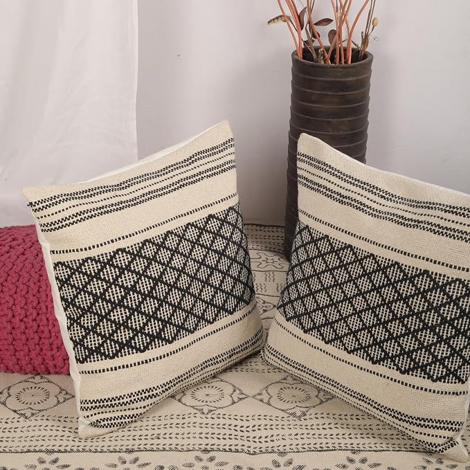 Trade Star Handloomed Pillow Cover Set of 2 Cushion Covers Decorative Throw Pillow Cases Cotton Premium Quality Pillow Shams Farmhouse Decor 18x18 Inches