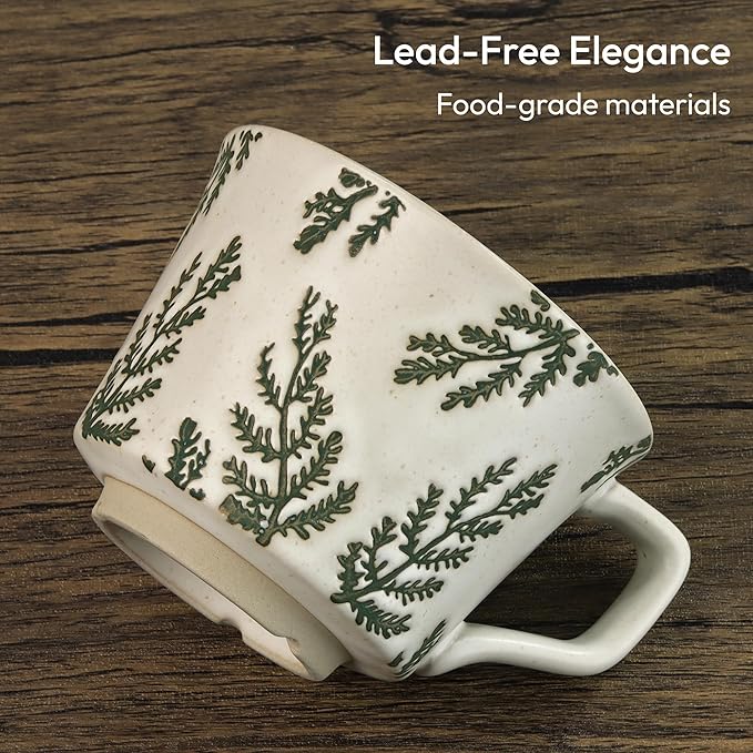 Ceramic Coffee Mug, 11 oz Small Novelty Unique Teacup with Handle, Stoneware Cup for Tea Mocha Latte Cappuccino (Set of 2, Ivy and Leaf)