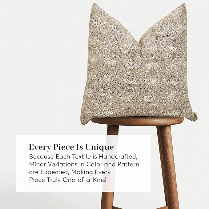 Hand-Block Printed, Artisan-Made Neutral Accent Throw Pillow Covers- 100% Cotton Cushion for Sofa, Bed, Chair, Home Decor, Boho, Indoor - Lina/Sansa (Beige, 20" x 20" (Pack of 2))
