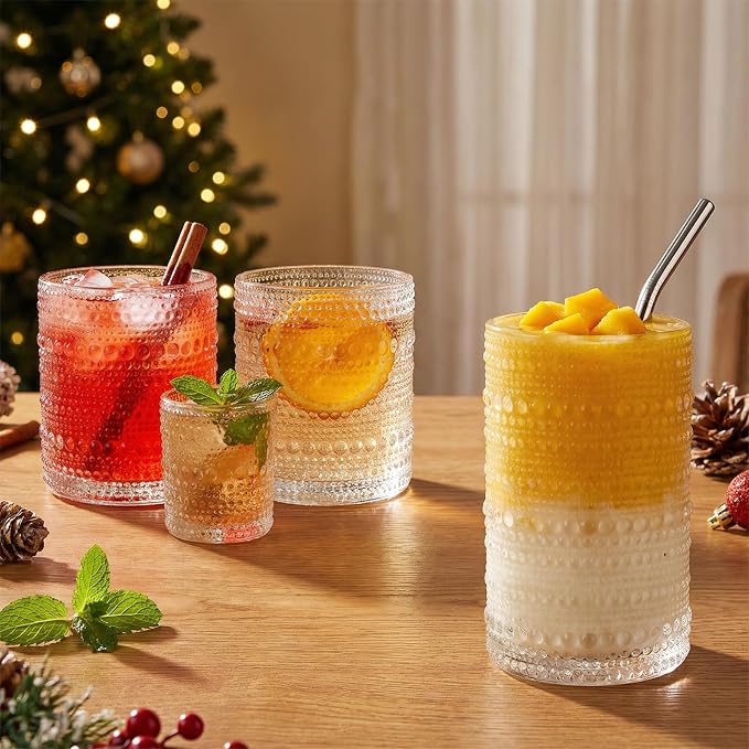 CycleMore 12Pc Vintage Hobnail Drinking Glasses, 12oz 10oz 4oz Clear Cup | Multisize Vintage Hobnail Glasses. Ideal for Juice, Cocktails, Whiskey, Smoothies & Espresso. Dishwasher Safe