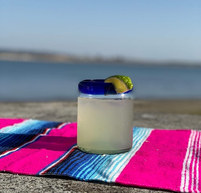 Hand Blown Mexican Drinking Glasses - Set of 6 Tumbler Glasses with Cobalt Blue Rims (10 oz each)