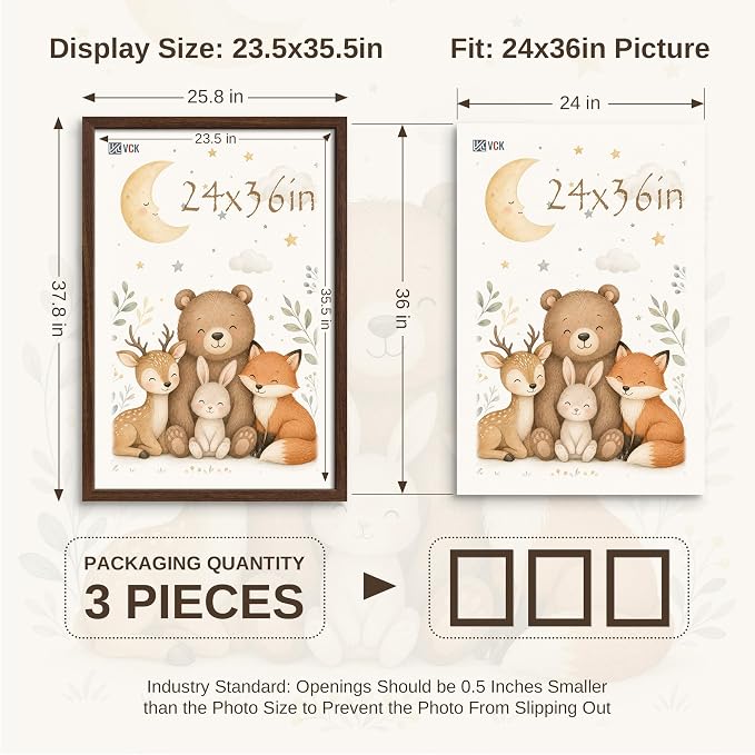 VCK 24x36 Poster Frame 3 Pack - Brown Solid Wood, Exclusive Wood Grain Picture Frames, Wall Hanging