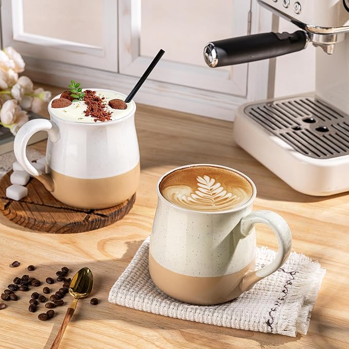 GBhome Ceramic Coffee Mugs Set of 2, 24oz Handmade Large Coffee Mugs Set with Terracotta Underside for Latte/Tea/Beer/Hot Cocoa/Cappuccino/Soup Dishwasher & Microwave Safe-light Beige &White