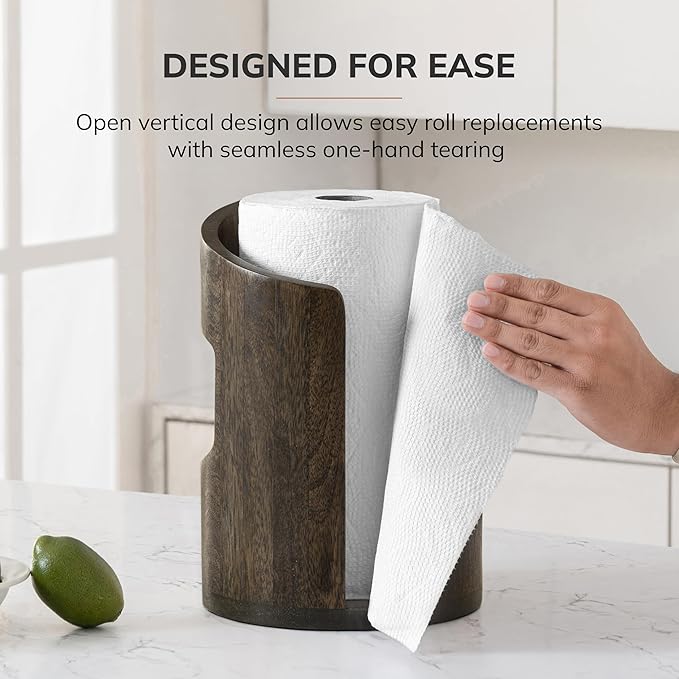 Anji Mountain Wooden Paper Towel Holder Countertop with Mango Wood Round Base and Iron Holder, Holder Stand for Kitchen Roll Organizer & Kitchen Dining Table Home Decor - Chocolate/Black, Arc Hold