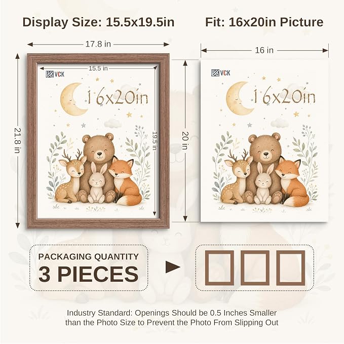 VCK 16x20 Poster Frames 3 Pack - Walnut Solid Wood Picture Frame, Exclusive Wood Grain, Wall Hanging