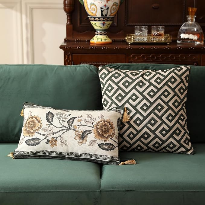 ISAENNE Design Linen Chinoiserie Rectangle Throw Pillow Covers 12"x20" Pack of 2, Farmhouse Cushion Covers with Yellow Floral Pattern Decoration Pillowcases for Bed,Living Room,Outdoor,Car