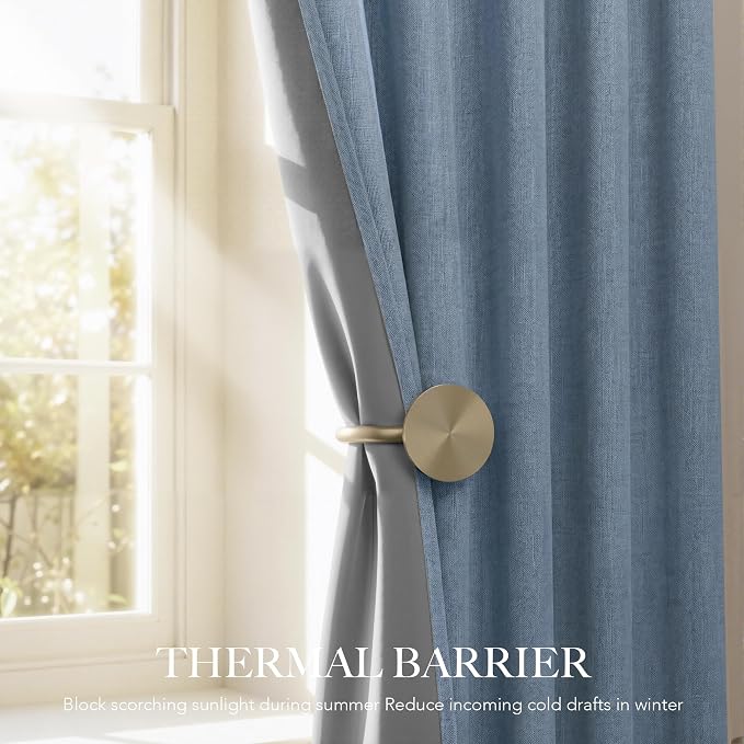 RYB HOME Smoky Blue 100% Blackout Linen Curtains 72 inch Long, Thermal Insulated & Privacy Assurd Drapes for Bedroom/Office/Nursery, Rod Pocket & Back Tab Window Treatment, W52 X L72, 2 Panels