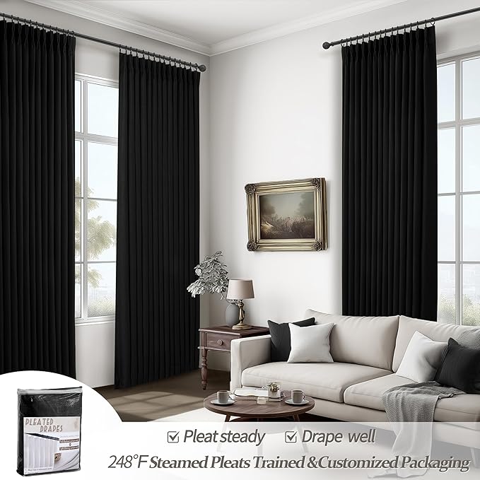 Pleat Linen Blend 100% Blackout Curtains for Bedroom 84 Inches Long 2 Panels Set, Pinch Pleated Black Out Aesthetic Curtain 7 FT Length Double Layer Insulated Thermal Office Drapes with Metal Rings