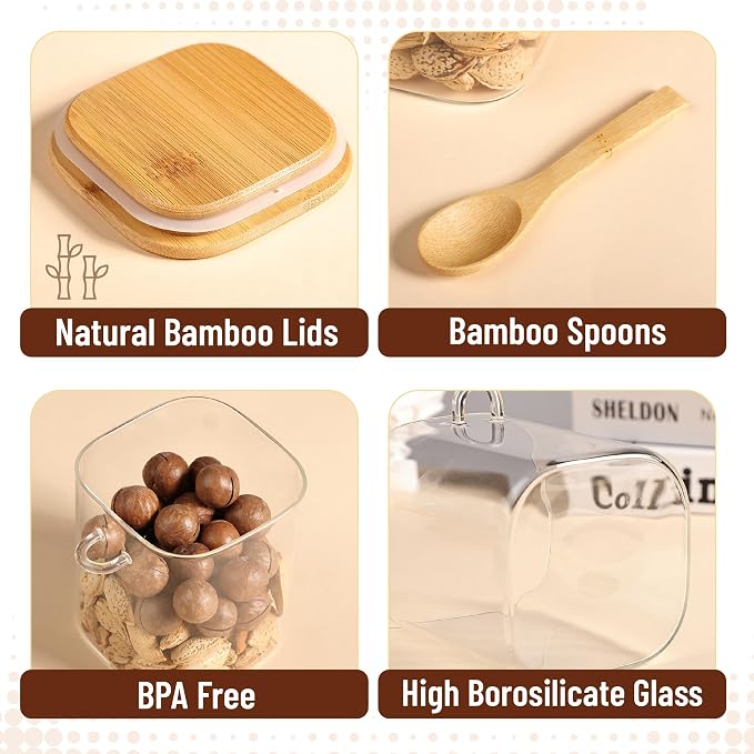 BAMBOO LAND- Glass Jars with Bamboo Lids and Spoons Set, 28 Oz, Set of 4, Glass Containers with Bamboo Lids Airtight for Loose Tea, Brown Sugar, Candy, Nuts