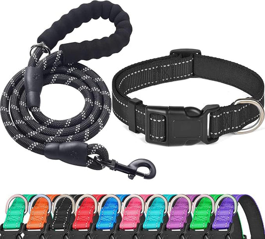 Ladoogo Reflective Dog Collar Padded with Soft Neoprene Breathable Adjustable Nylon Dog Collars for Small Medium Large Dogs (X-Small (Pack of 1), Black Collar+Leash)