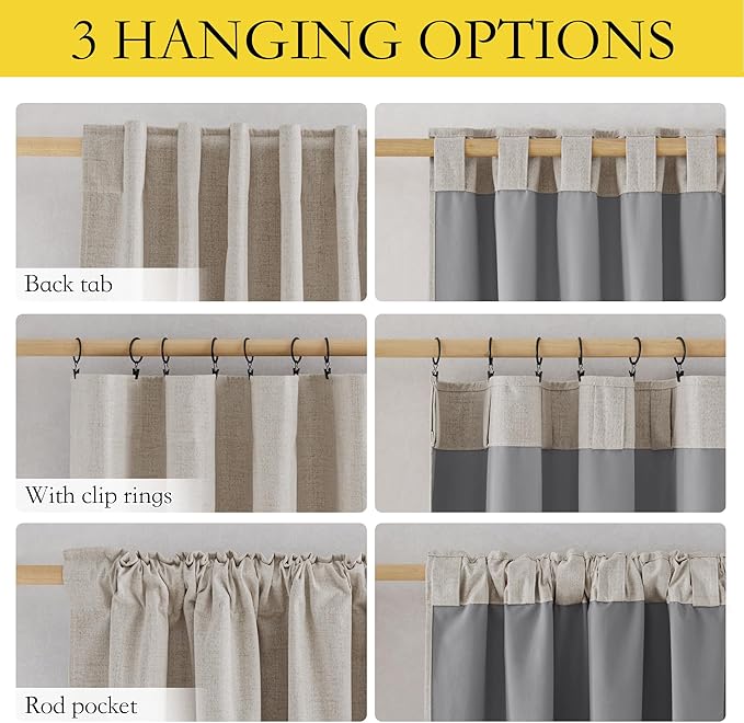 NICETOWN Natural Short 100% Blackout Curtains 63" Lenghth Burg for Kitchen, Burlap Linen Drapes with Thermal Insulated White Liner, Keeping Out Cold Air and Heat Panels (Set of 2, 52" Width)