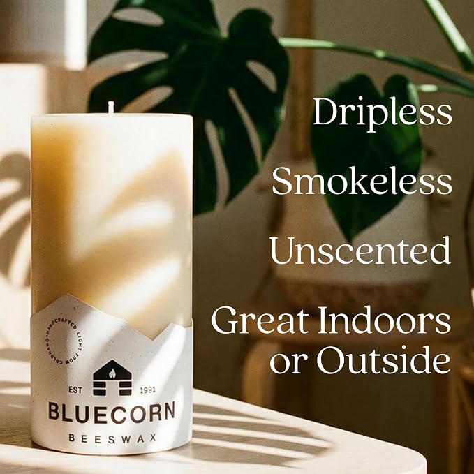 Bluecorn Beeswax 100% Pure Beeswax Pillar Candles | Ivory White 2x3 Pillar Candle Set | Non Toxic, Unscented, Clean Burning | Cotton Wick, Dripless, 25 Hr Long Burning | Handmade in USA | 6 Pack