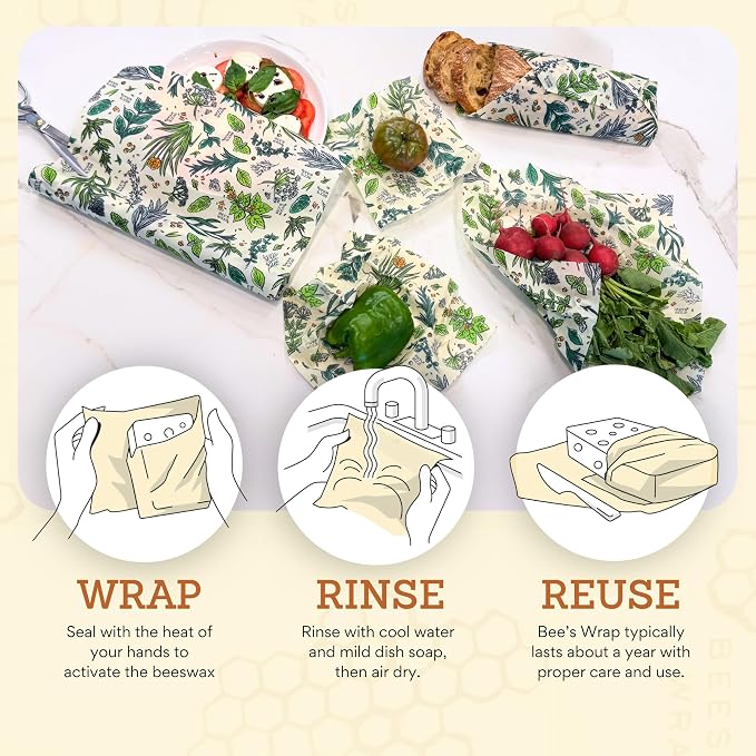 Bee's Wrap Beeswax Wraps for Bread - Beeswax Bread Wrap for Sourdough & Bread Storage - Made in USA Reusable Natural Food Wrap - Herb Garden Print
