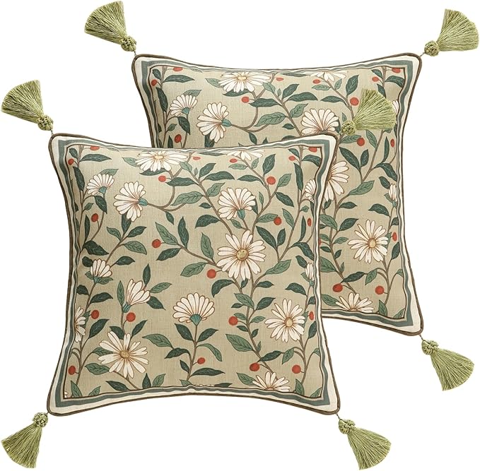 ISAENNE Design Square Green Floral Linen Throw Pillow Covers 18"x18" Pack of 2, White Simple Elegant Daisy Pattern Cushion Covers Decor Pillowcases for Bed,Living Room,Outdoor,Car